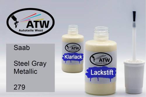 Saab, Steel Gray Metallic, 279: 20ml Lackstift + 20ml Klarlack - Set, von ATW Autoteile West.